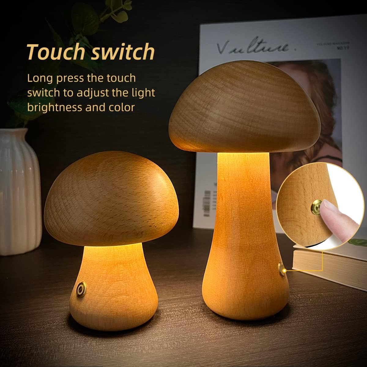 Cute Wooden Mushroom LED Night Light With Touch Switch