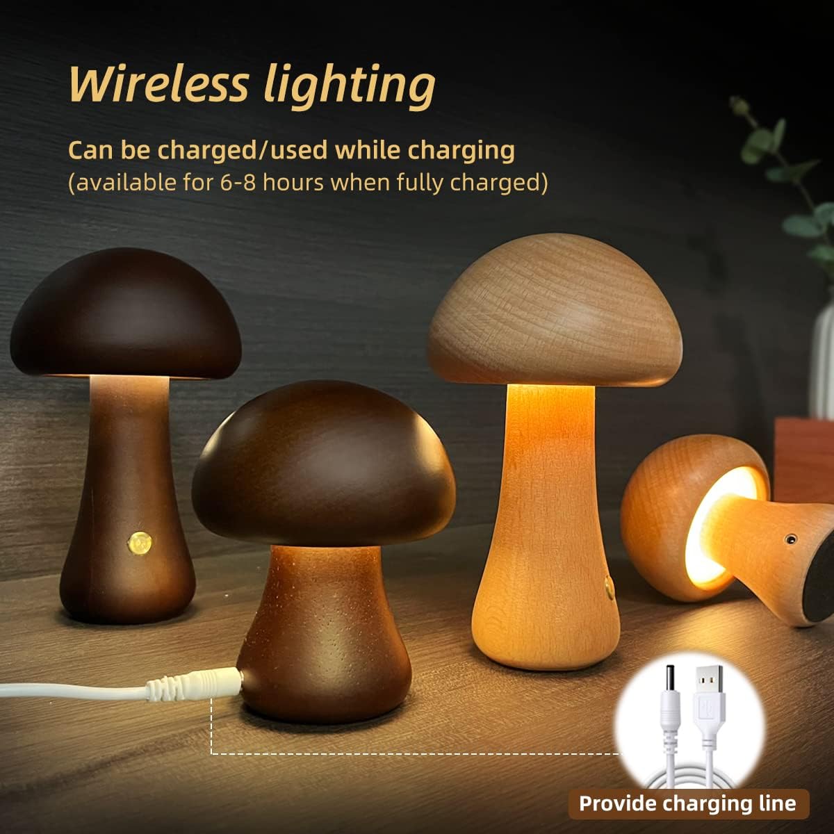Cute Wooden Mushroom LED Night Light With Touch Switch