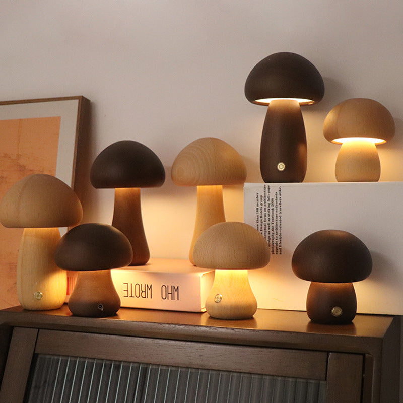 Cute Wooden Mushroom LED Night Light With Touch Switch