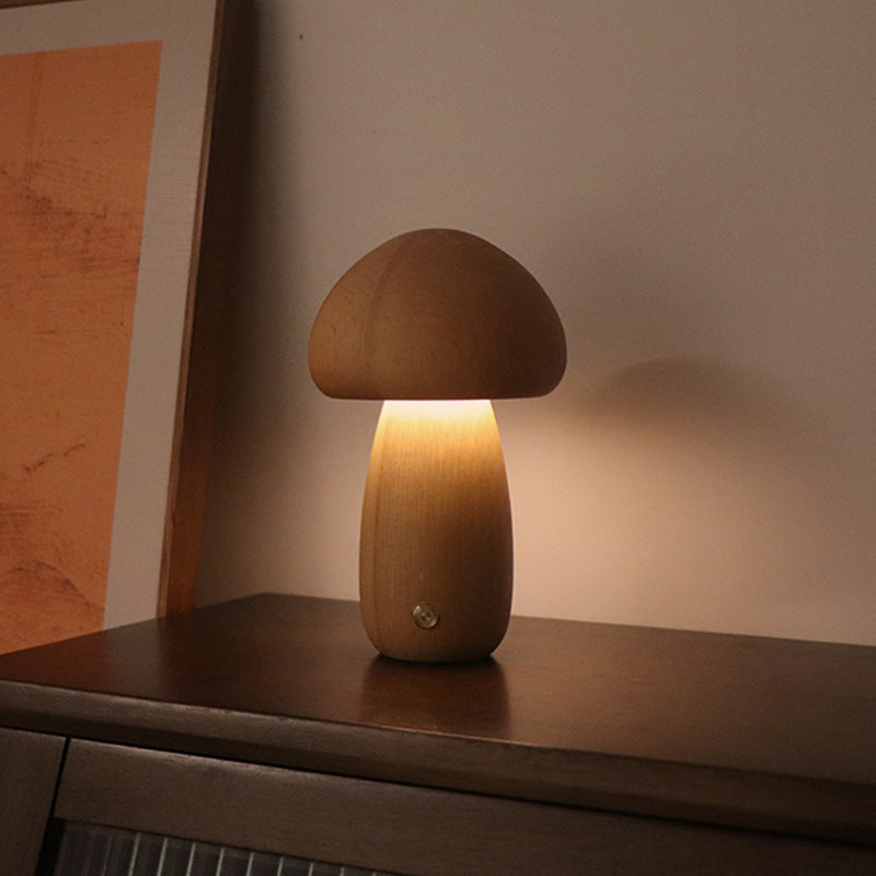 Cute Wooden Mushroom LED Night Light With Touch Switch