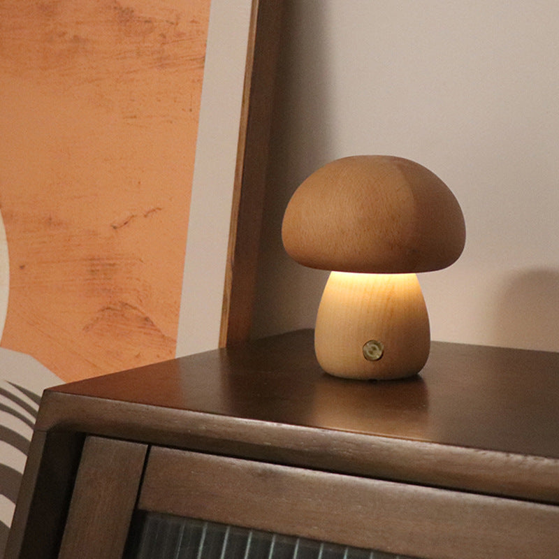 Cute Wooden Mushroom LED Night Light With Touch Switch