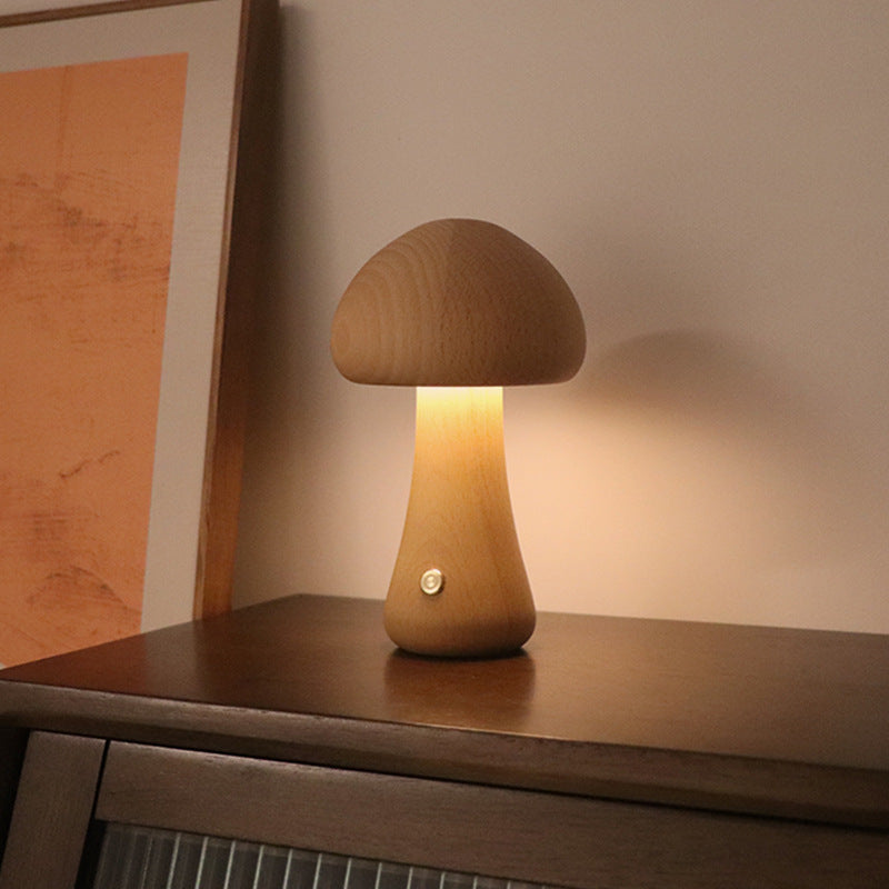 Cute Wooden Mushroom LED Night Light With Touch Switch